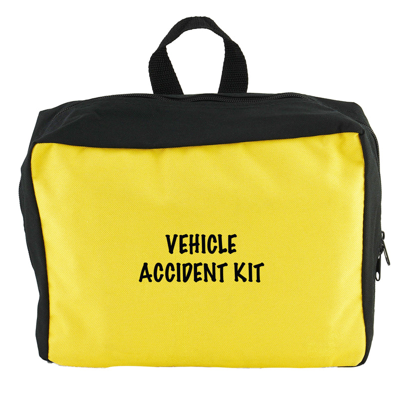 A yellow and black zippered pouch labeled 'VEHICLE ACCIDENT KIT' in black text, shown on a plain white background.