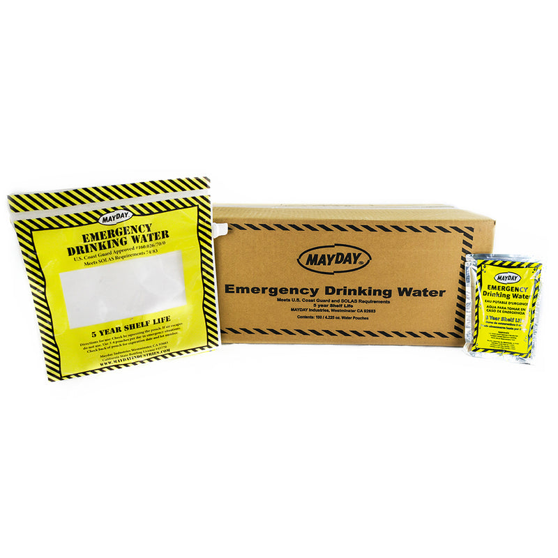 Mayday Emergency Drinking Water pouches with case box and one-liter drinking container, Case of 100