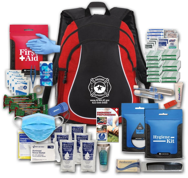 Custom-branded emergency backpack with first aid supplies