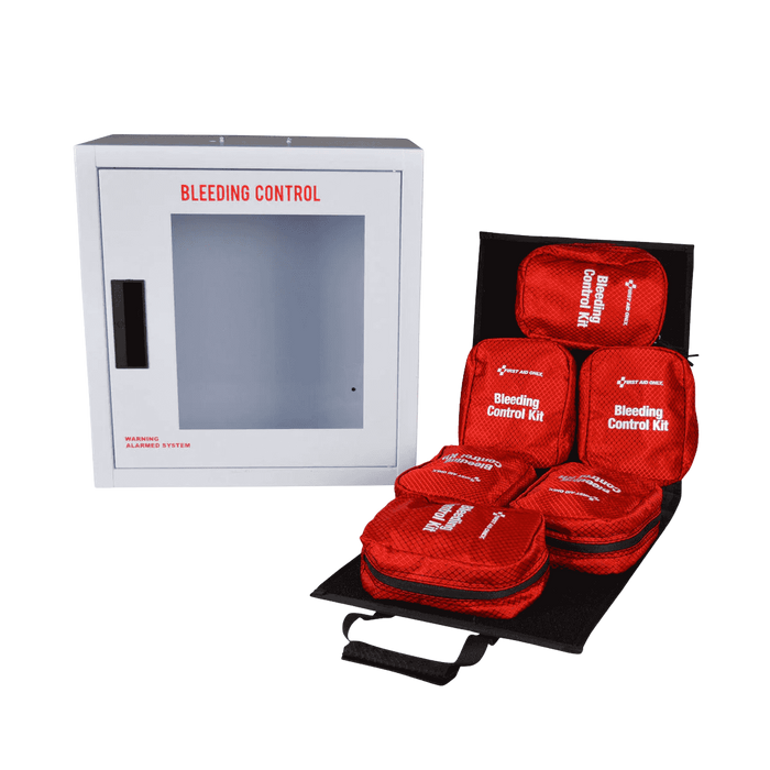 Bleeding Control Cabinet for Multiple Victims with Alarm Cabinet and six bleeding control kits.