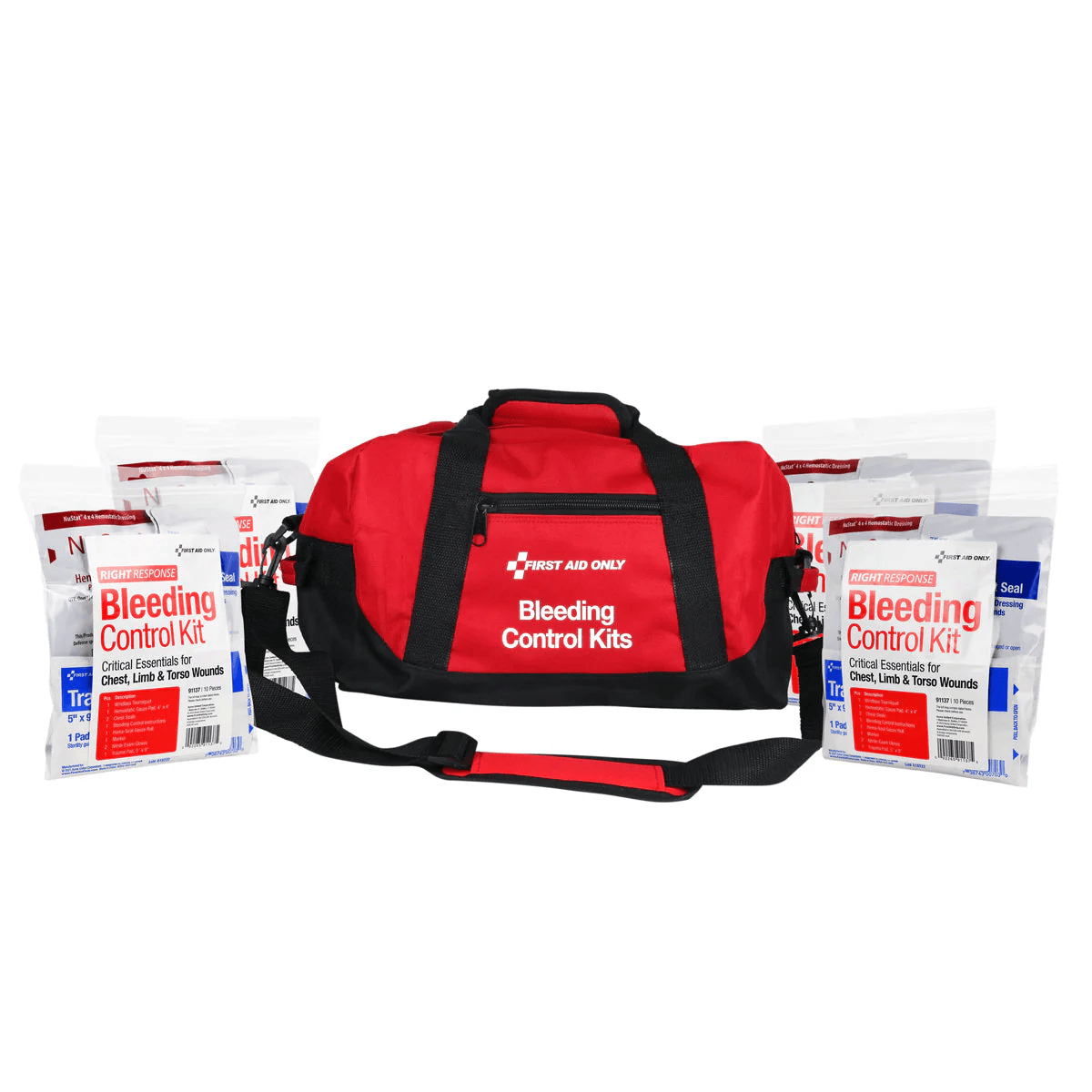 Red bleeding control kit with contents on a white background