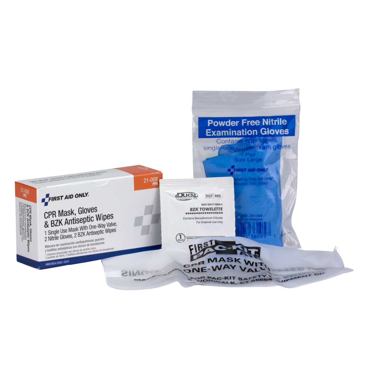 First Aid Only CPR Mask, Gloves and BZK Antiseptic Wipes pack contents including CPR face shield, nitrile gloves, and antiseptic towelette