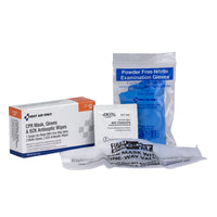 First Aid Only CPR Mask, Gloves and BZK Antiseptic Wipes pack contents including CPR face shield, nitrile gloves, and antiseptic towelette