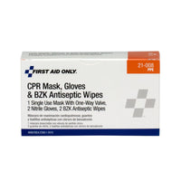 First Aid Only CPR Mask, Gloves and BZK Antiseptic Wipes box packaging