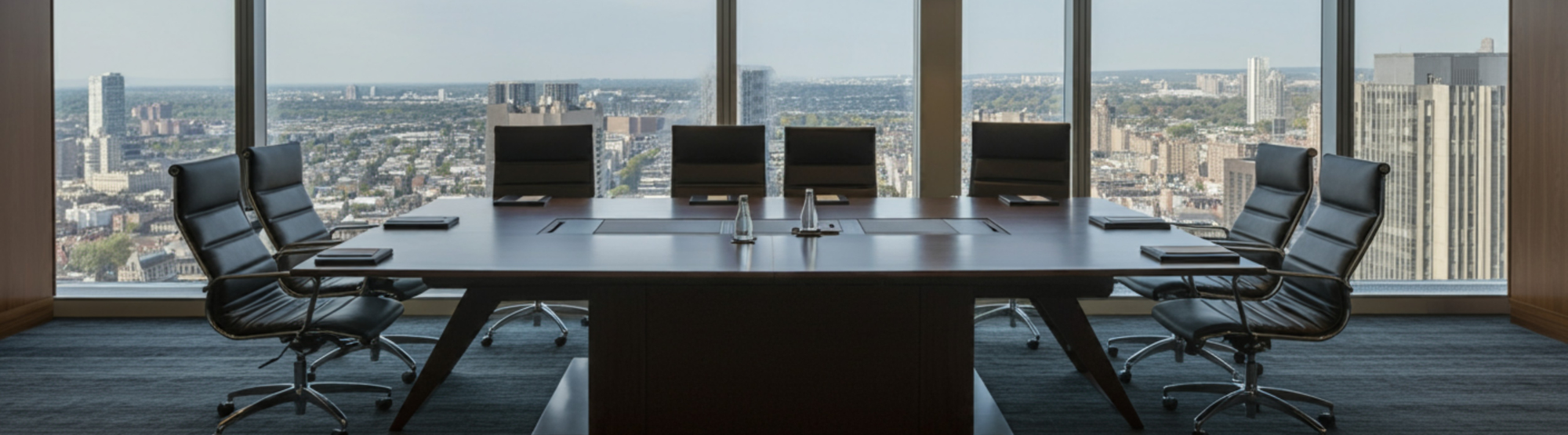 A modern conference room with a long rectangular desk, eight black leather office chairs, and a large floor-to-ceiling window overlooking a city skyline.