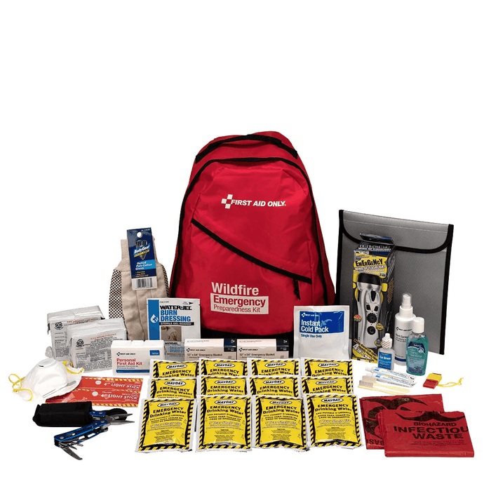 2 Person Emergency Preparedness Wildfire Backpack with fire-resistant pouch, food, water, and first aid supplies