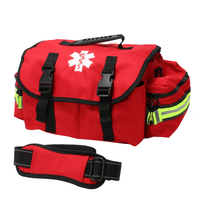 Red first responder trauma bag with black straps and a white medical symbol on a white background