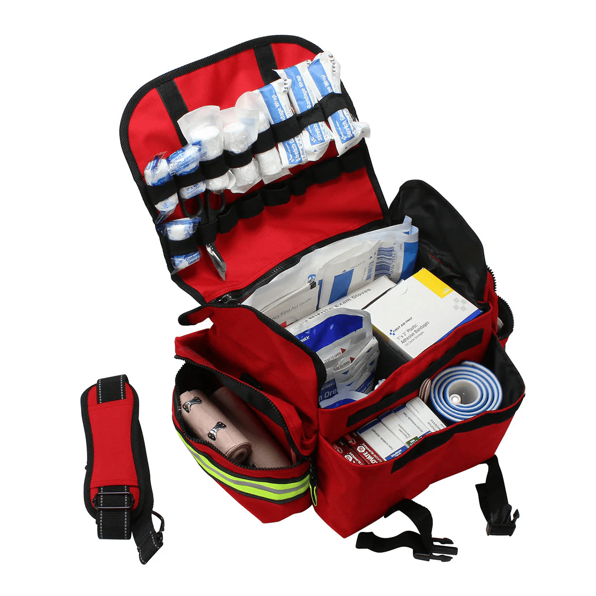 Red first responder trauma kit with various supplies on a white background