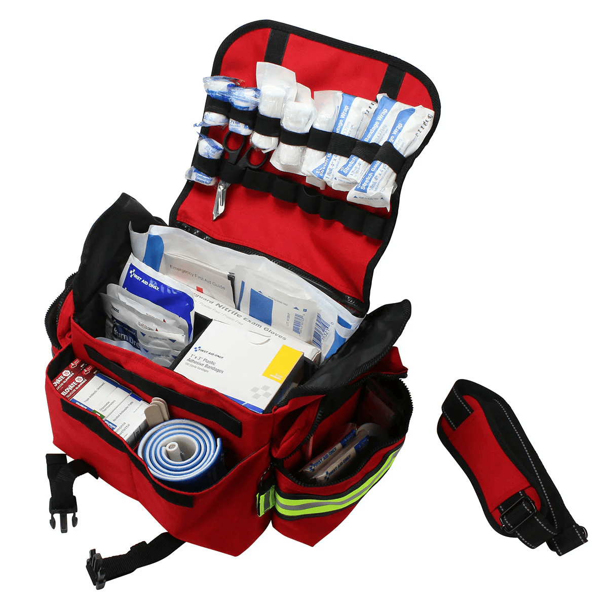 Red first responder trauma kit with various supplies on a white background