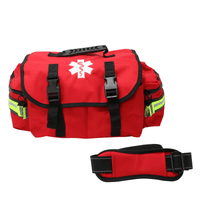 Red first responder trauma bag with black straps and a white medical symbol on a white background