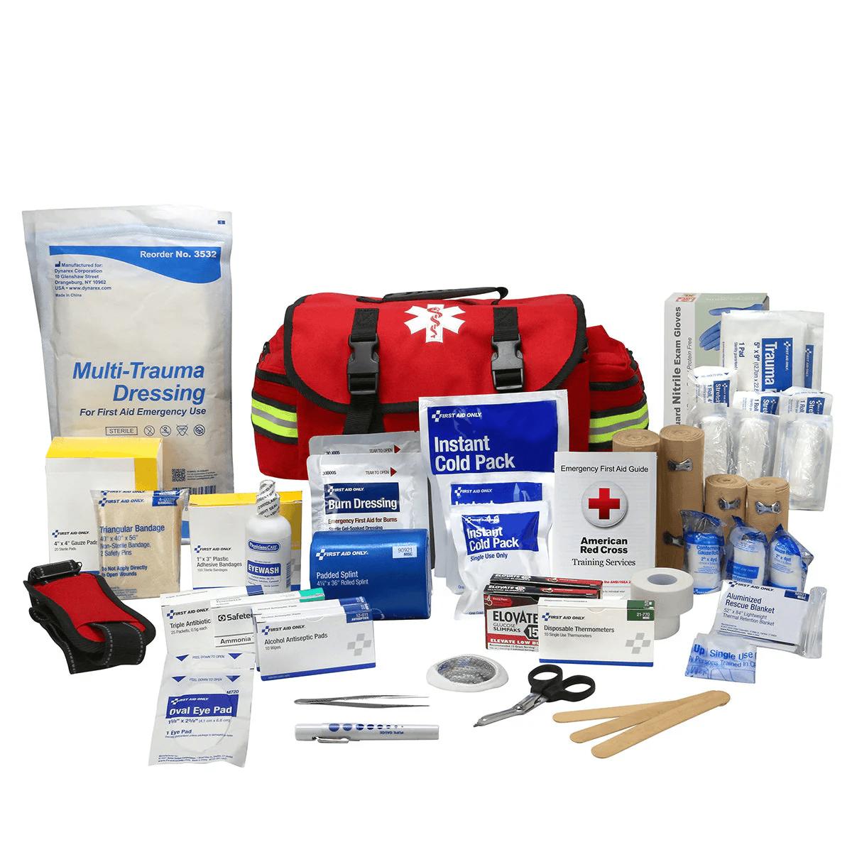 First responder trauma kit with various supplies on a white background.