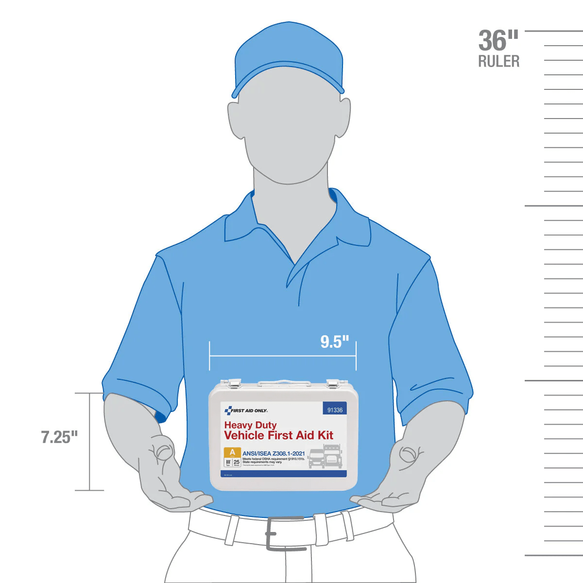 Illustration of a person holding a heavy-duty vehicle first aid kit with measurements on a white background.