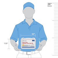 Illustration of a person holding a heavy-duty vehicle first aid kit with measurements on a white background.