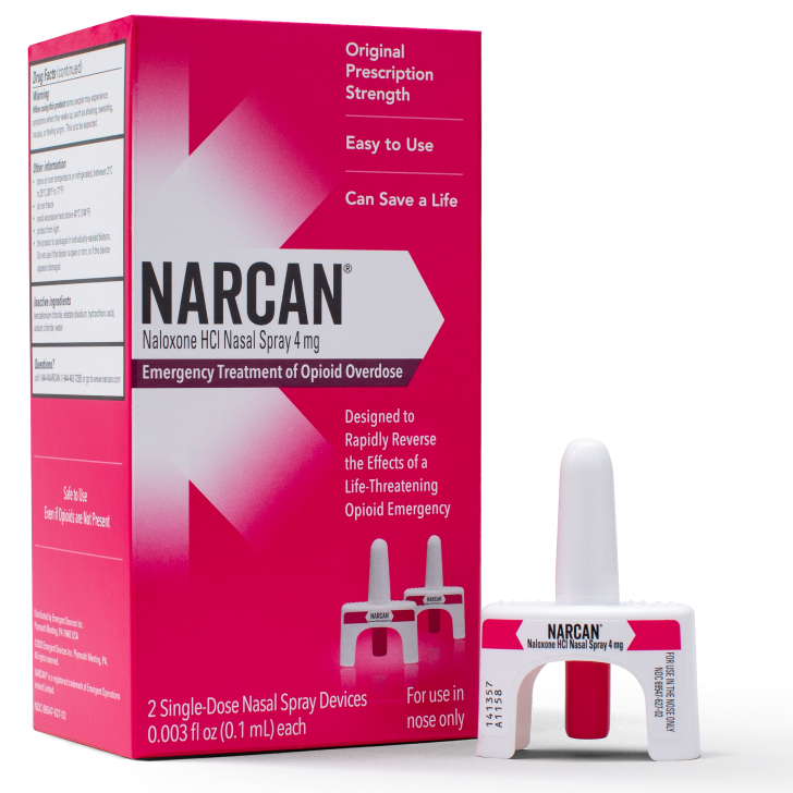 Narcan nasal spray packaging with pink box and white spray device on a white background
