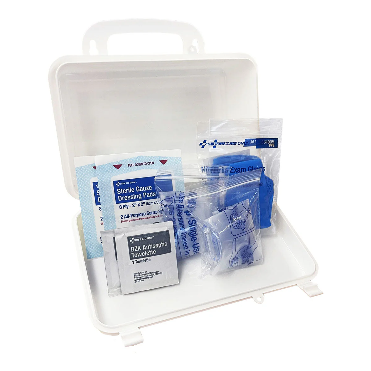 First aid kit with various supplies on a white background