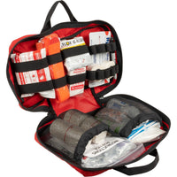 Trauma first aid kit open in a red case with celox gauze option.