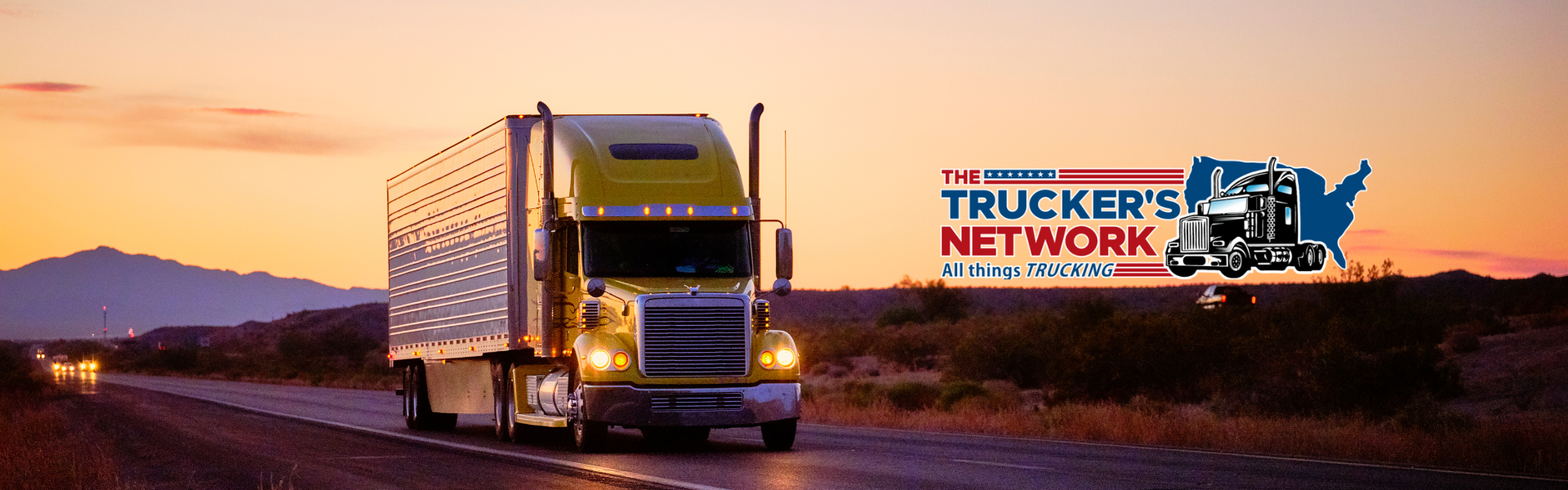 A semi-truck driving on a highway at sunset, with a large logo reading 'The Trucker's Network' and smaller text 'All things TRUCKING' displayed on the right side of the image.