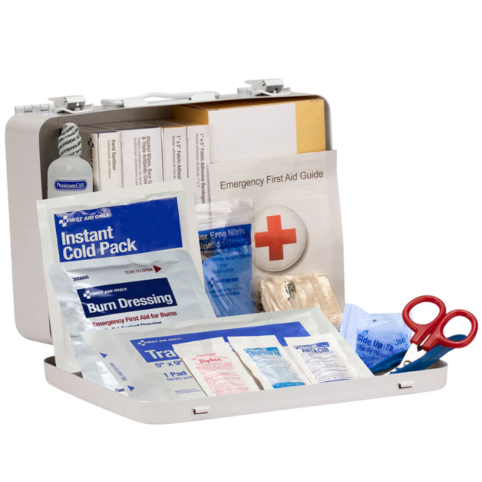 First aid kit with various supplies on a white background