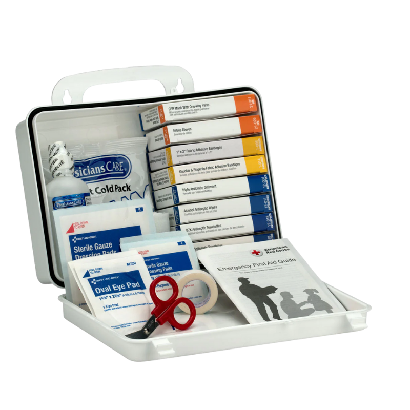First aid kit with various supplies on a white background