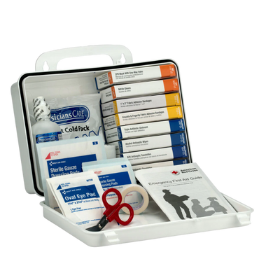 First aid kit with various supplies on a white background