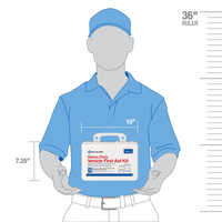 Measurement chart showing a person wearing a blue shirt with a vehicle first aid kit held in front, against a white background.