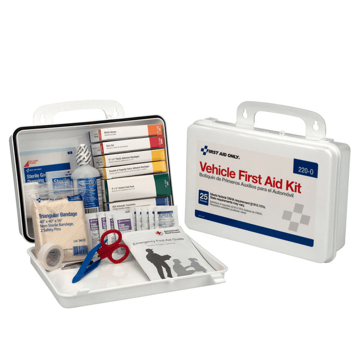 Heavy Duty Vehicle first aid kit with various supplies on a white background