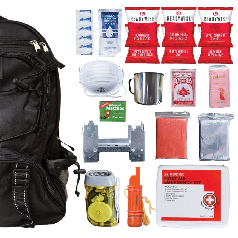 64 Piece Survival Kit w/Food & Water - Black Backpack Contents