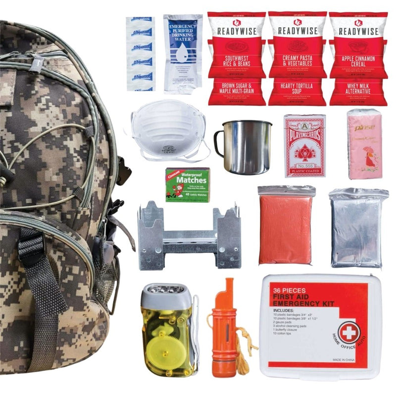 64 Piece Survival Kit w/Food & Water - Camo Backpack contents