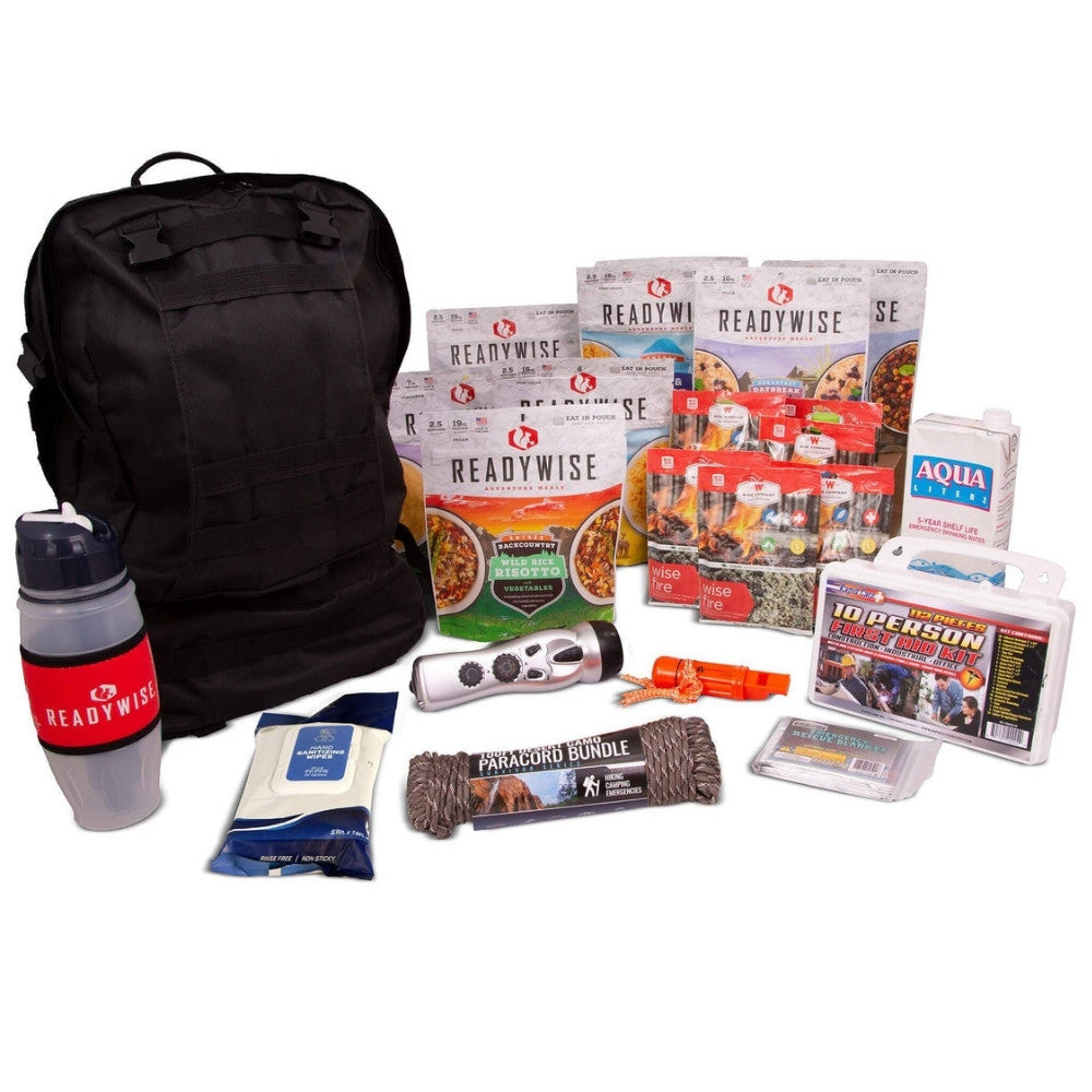 2-day survival backpack with ready to eat meals, 10 person first aid kit, flashlight and crank am/fm radio and more