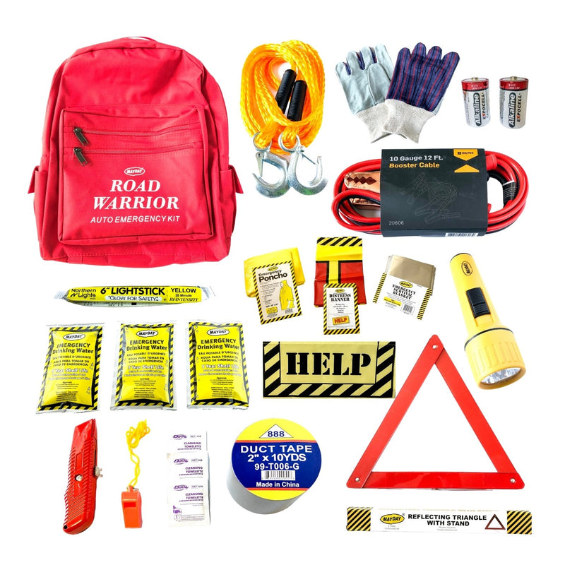 Economy Road Warrior Car Emergency Kit complete with jumper cables, tow rope, emergency drinking water, reflective triangle and more