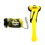 Yellow car emergency hammer with seat belt cutter and a ready light flashlight