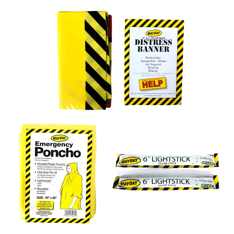 Distress help banner, emergency waterproof yellow poncho, and 2 6 inch lightsticks