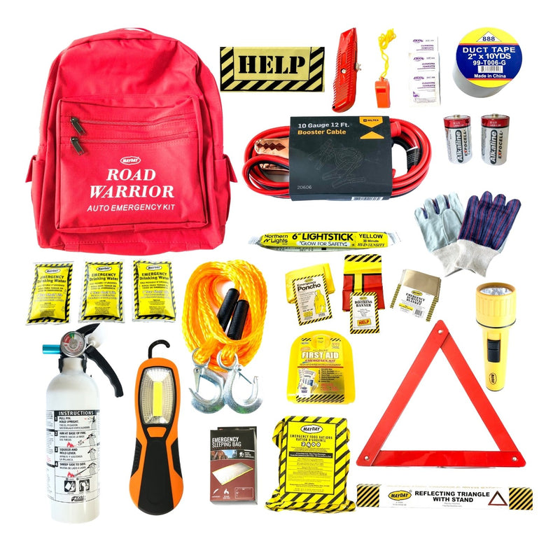 Mayday Mountain Road Warrior Car Emergency Kit with jumper cables, tow rope, duct tape, reflective triangle and more