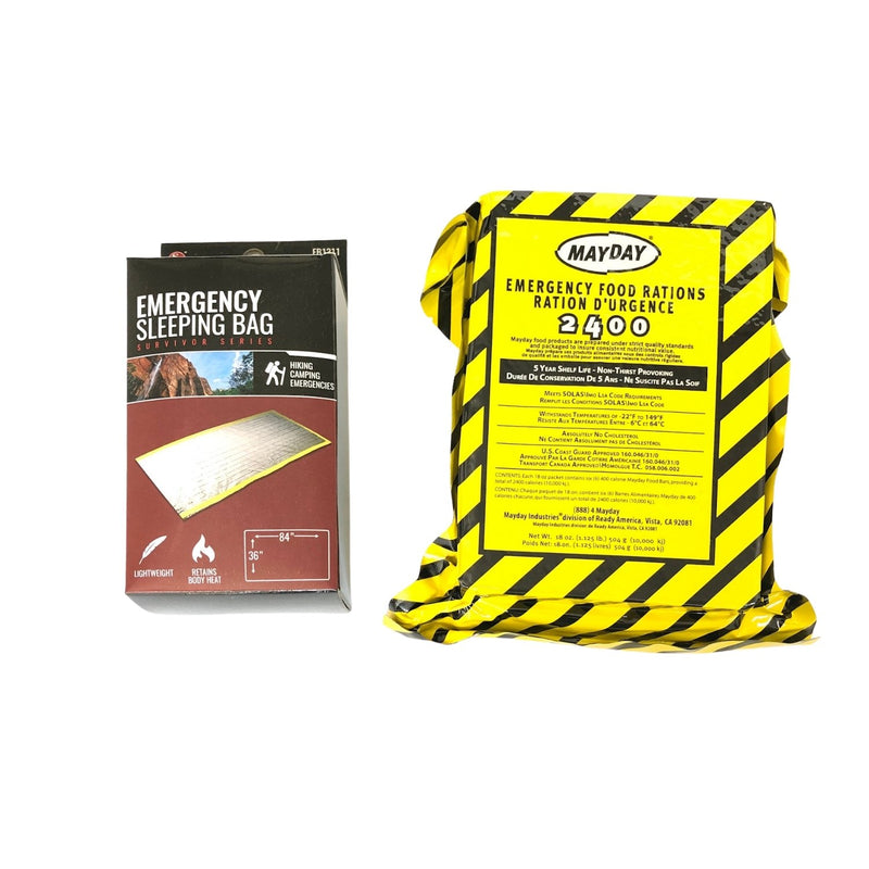 Emergency sleeping bag and emergency 2400 calorie food rations in black and yellow packaging