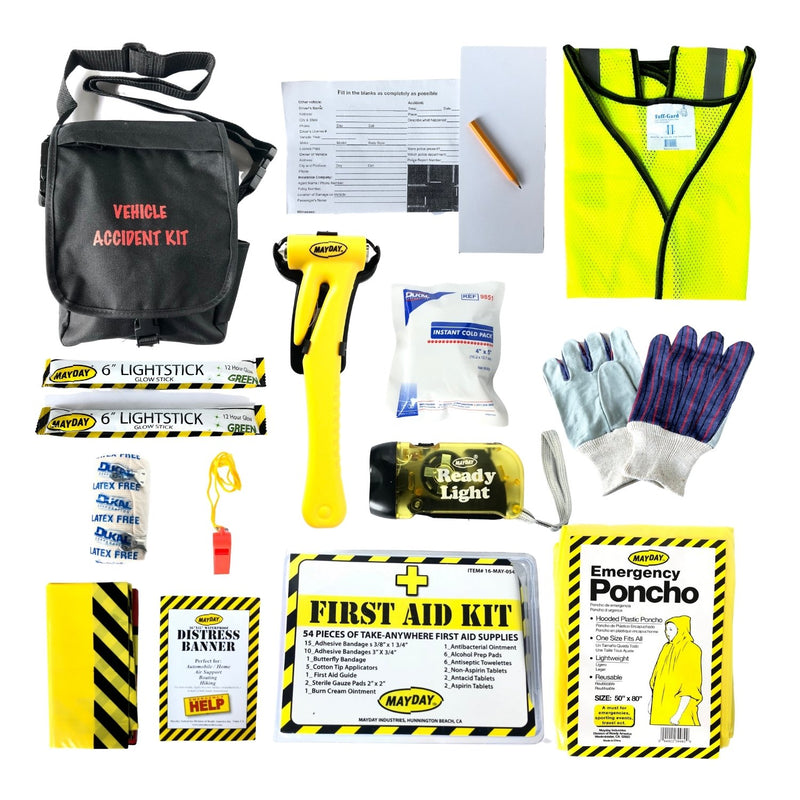 Mayday Vehicle Accident Kit with a window hammer and seat belt cutter, instant cold pack, 54 piece first aid kit, neon safety vest, accident report and pencil and much more