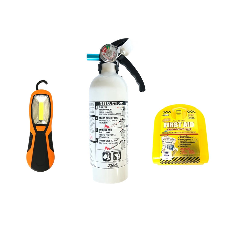 White car fire extinguisher, 37 piece first aid kit, and a car hanging light