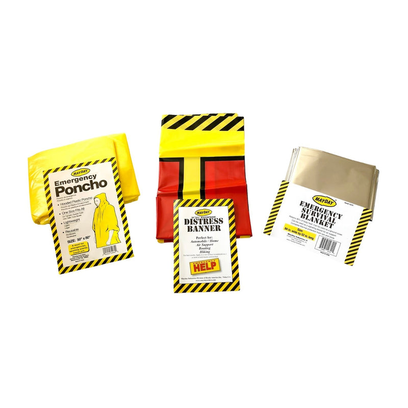 Emergency yellow waterproof poncho, Emergency Help banner, and emergency survival blanket